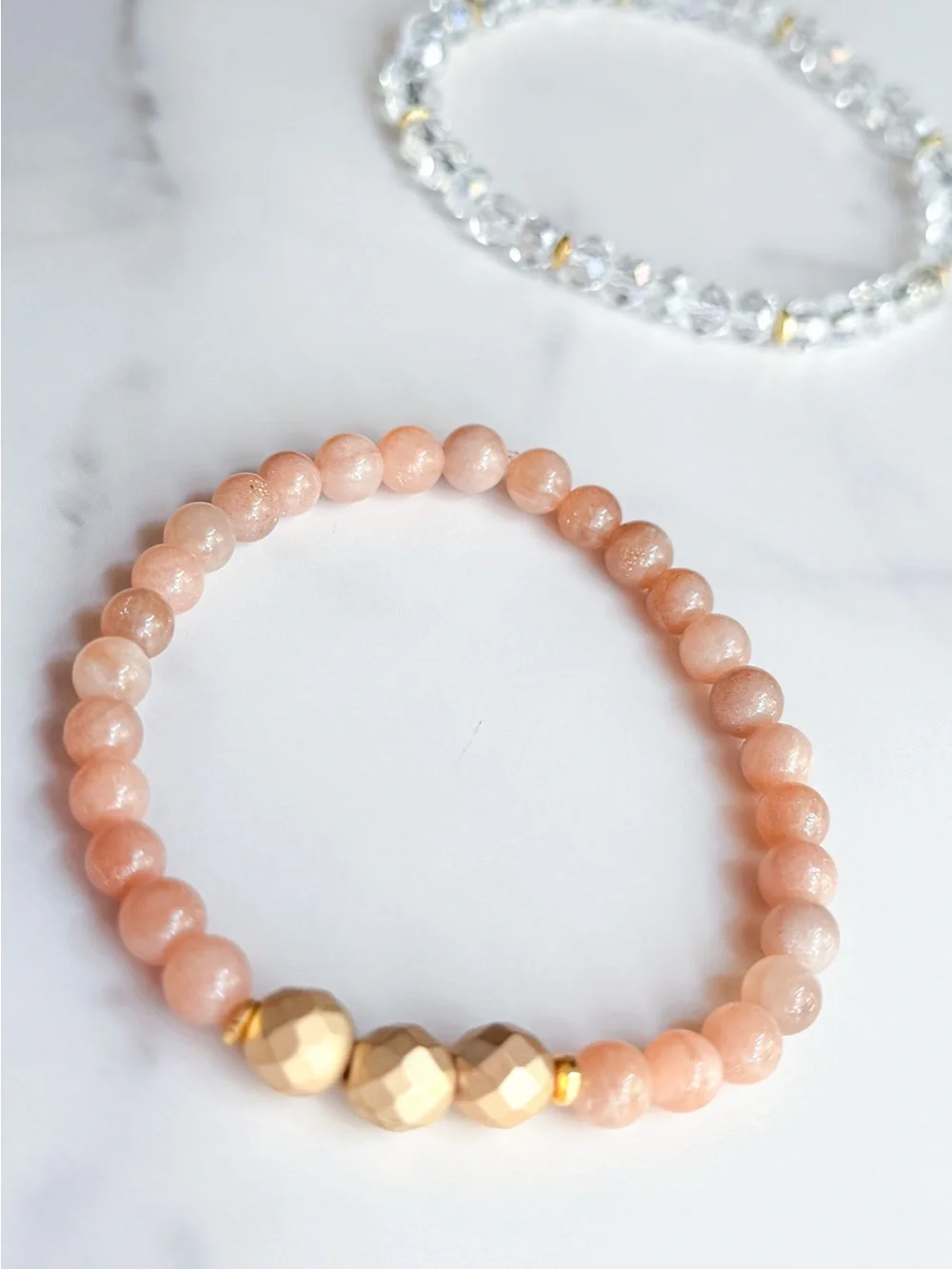Sunstone & Crystal Glass Beaded Stretch Bracelet Set Peach Clear Gold Tone Set